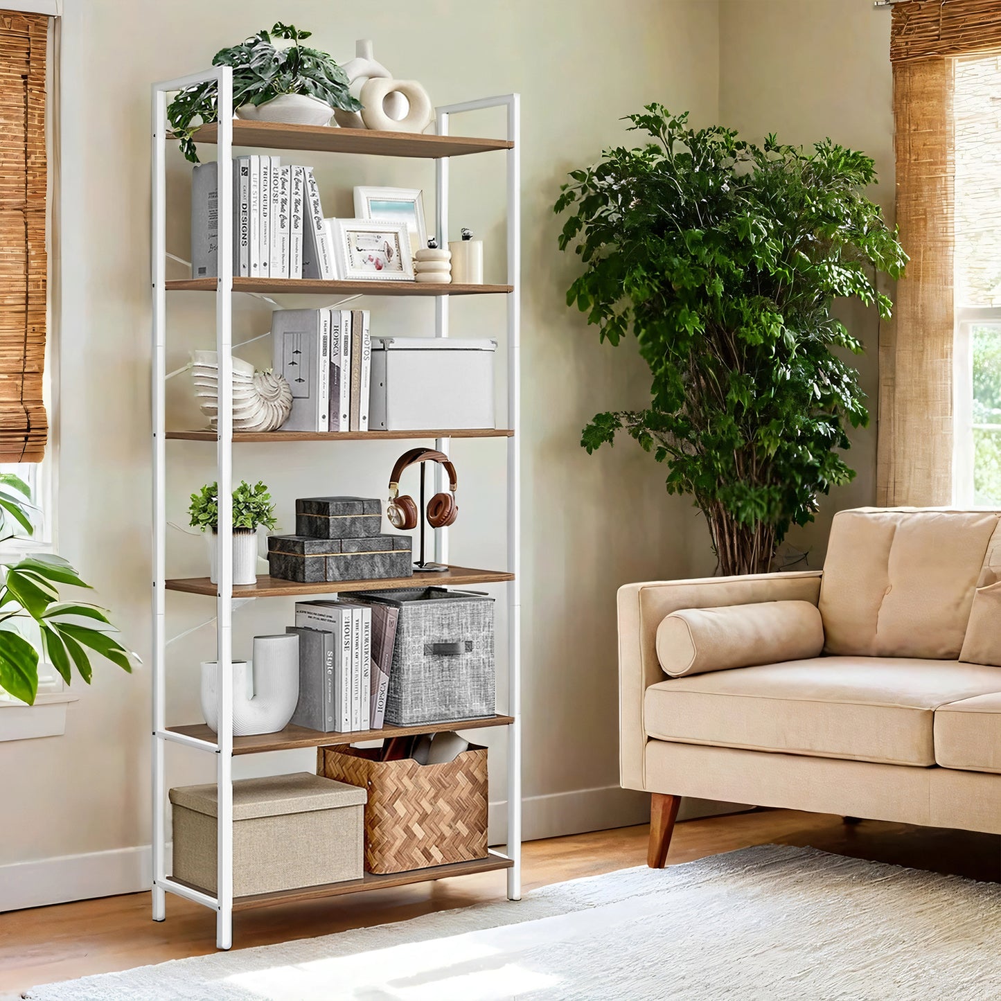 6-Tier Bookshelf with Steel Frame, Industrial Style Bookcase for Living Room and Home Office, 31.5 x 73.2 Inches, Honey Brown and Cloud White