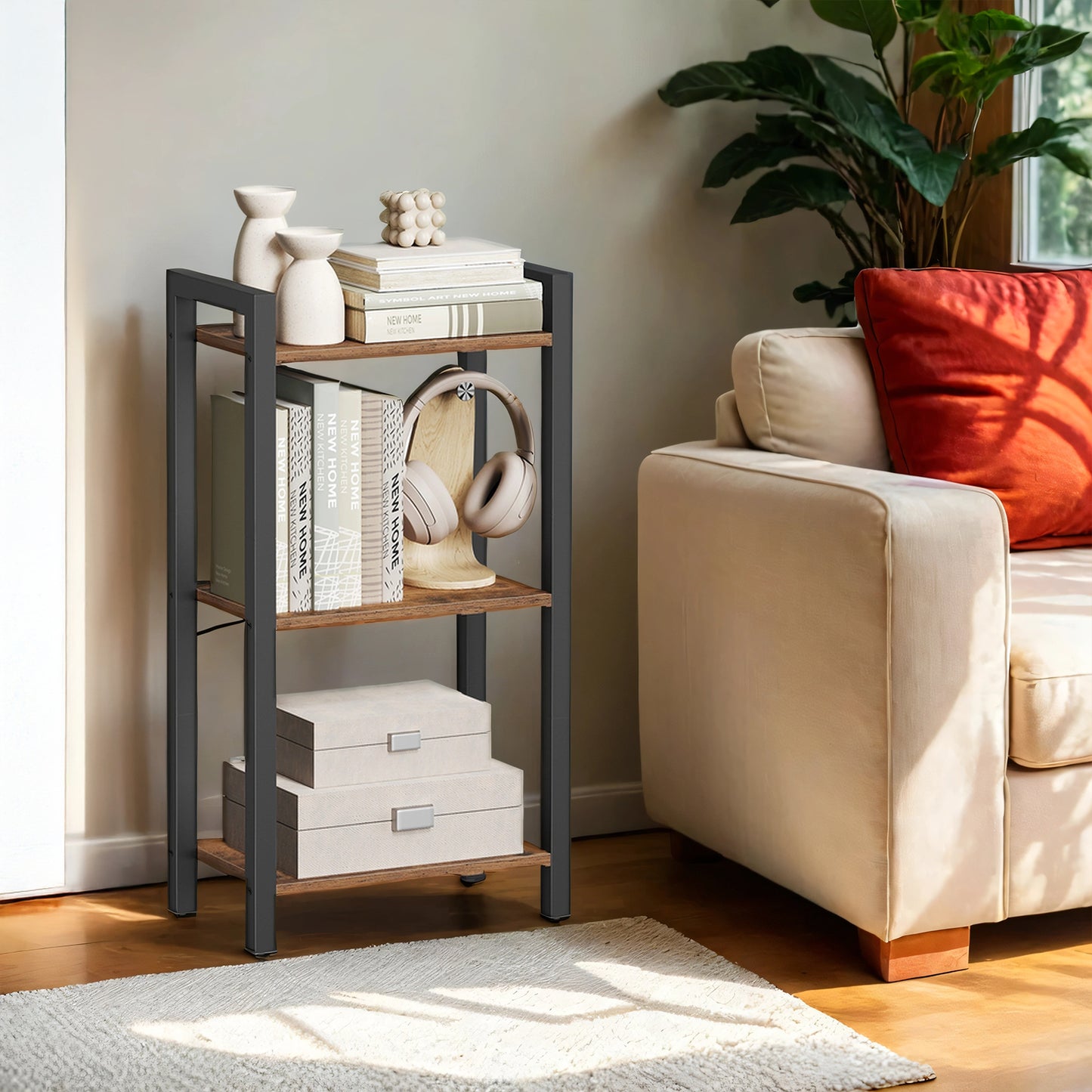 3-Tier Industrial Bookshelf with Steel Frame, Narrow Bookcase for Living Room Home Office Study, Rustic Brown Shelves with Ink Black Frame