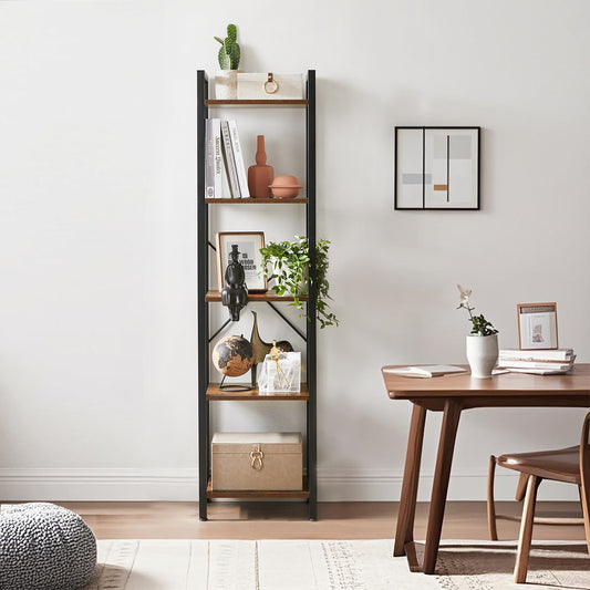 5-Tier Industrial Bookshelf - Steel Frame & Particleboard, 91.5lb Capacity, Space-Saving Design, Wall-Mountable, Rustic Brown and Black