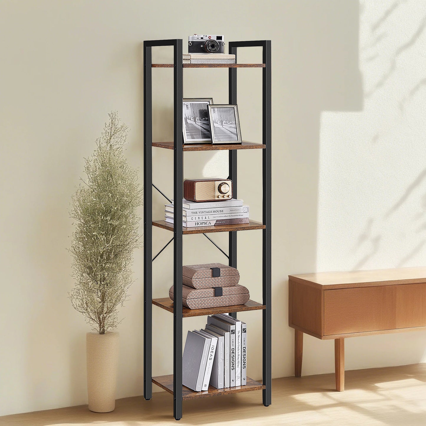 5-Tier Industrial Bookshelf - Steel Frame & Particleboard, 91.5lb Capacity, Space-Saving Design, Wall-Mountable, Rustic Brown and Black