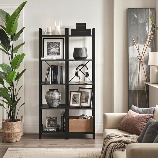 5-Tier Industrial Bookshelf - Steel Frame & Particleboard, 91.5lb Capacity, Space-Saving Design, Wall-Mountable, Heather Greige and Black