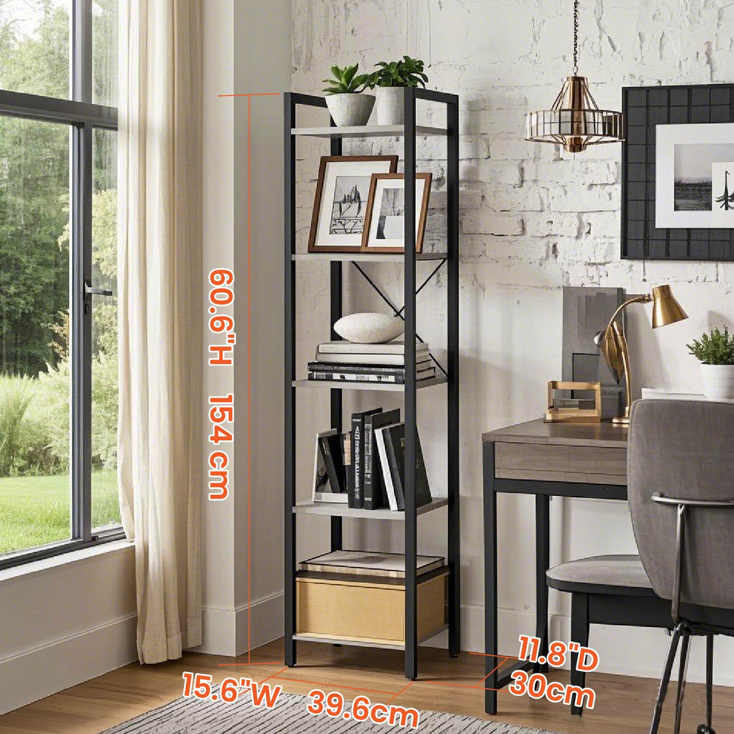 5-Tier Industrial Bookshelf - Steel Frame & Particleboard, 91.5lb Capacity, Space-Saving Design, Wall-Mountable, Heather Greige and Black