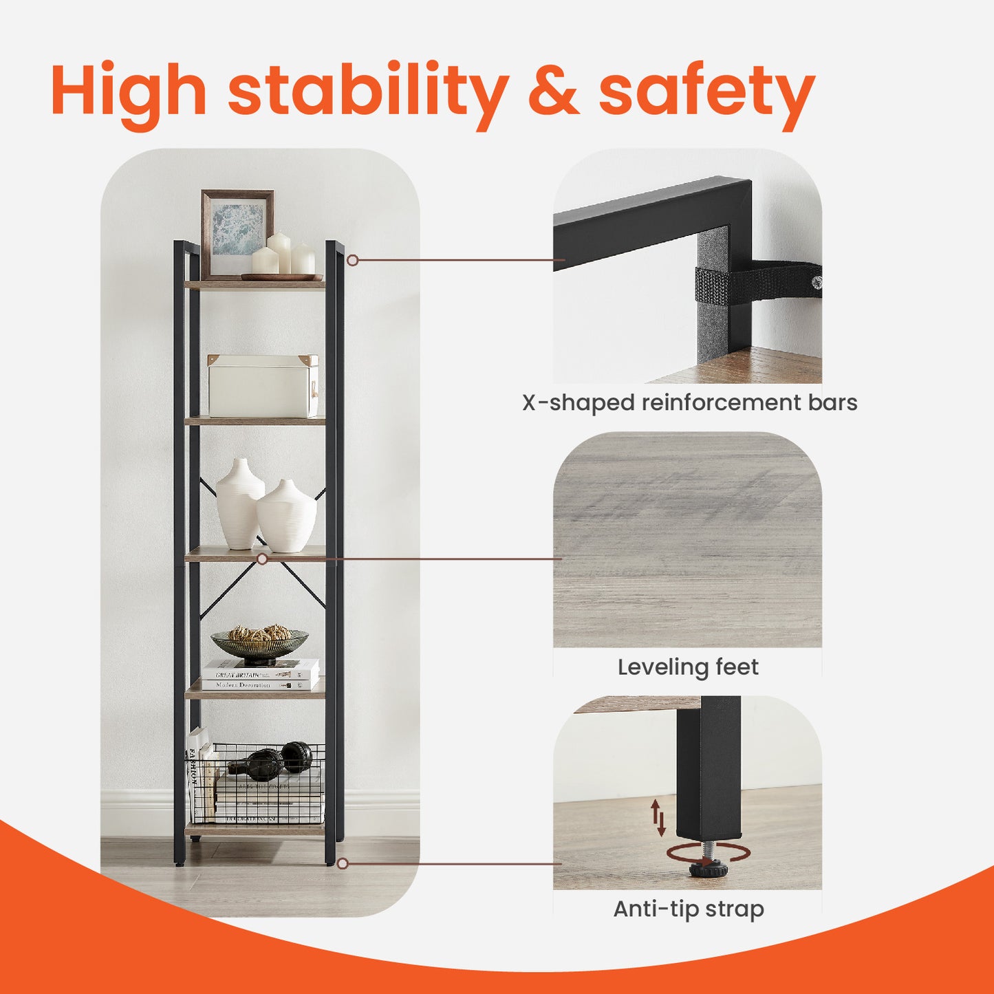 5-Tier Industrial Bookshelf - Steel Frame & Particleboard, 91.5lb Capacity, Space-Saving Design, Wall-Mountable, Heather Greige and Black
