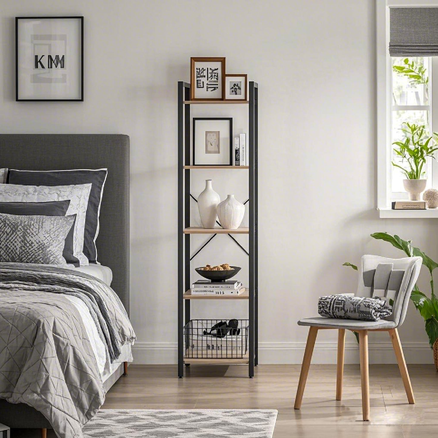 5-Tier Industrial Bookshelf - Steel Frame & Particleboard, 91.5lb Capacity, Space-Saving Design, Wall-Mountable, Heather Greige and Black