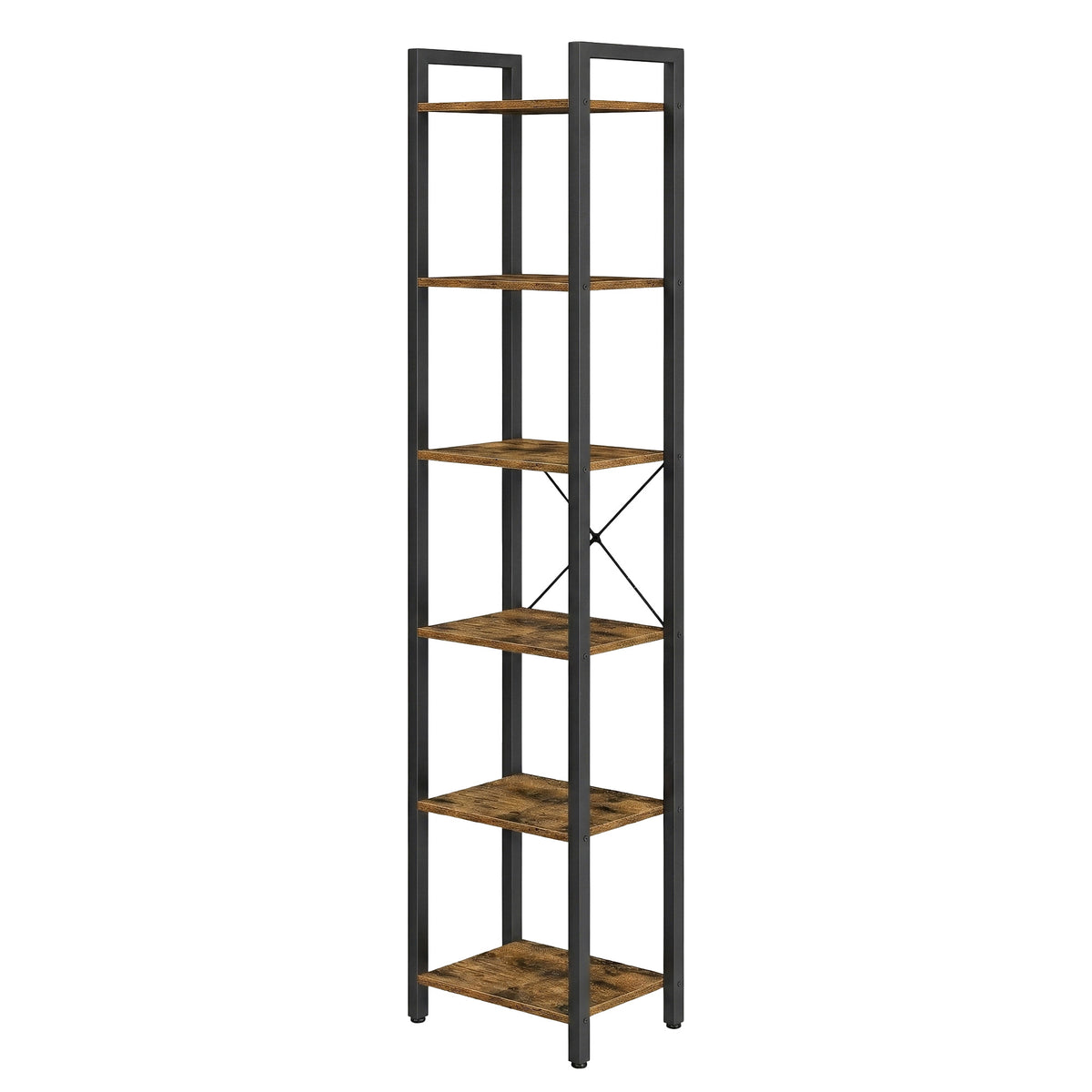 LEDREM Bookshelf with 6 Open Shelves, Tall Storage Rack, Standing Bookcase for Living Room, Bedroom, Office, Rustic Brown and Matte Black