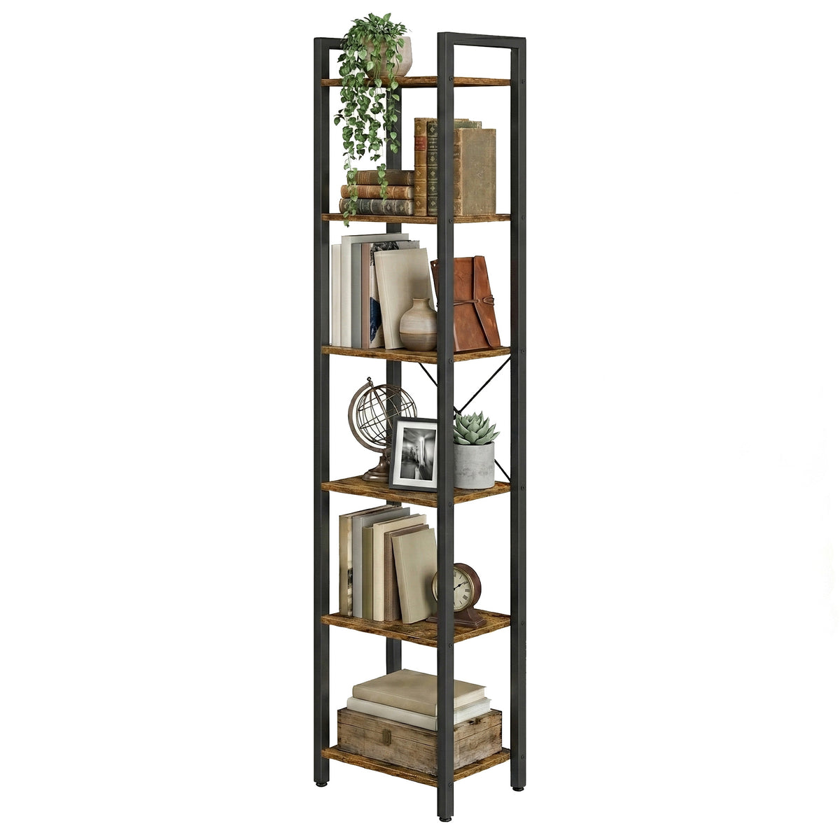LEDREM Bookshelf with 6 Open Shelves, Tall Storage Rack, Standing Bookcase for Living Room, Bedroom, Office, Rustic Brown and Matte Black