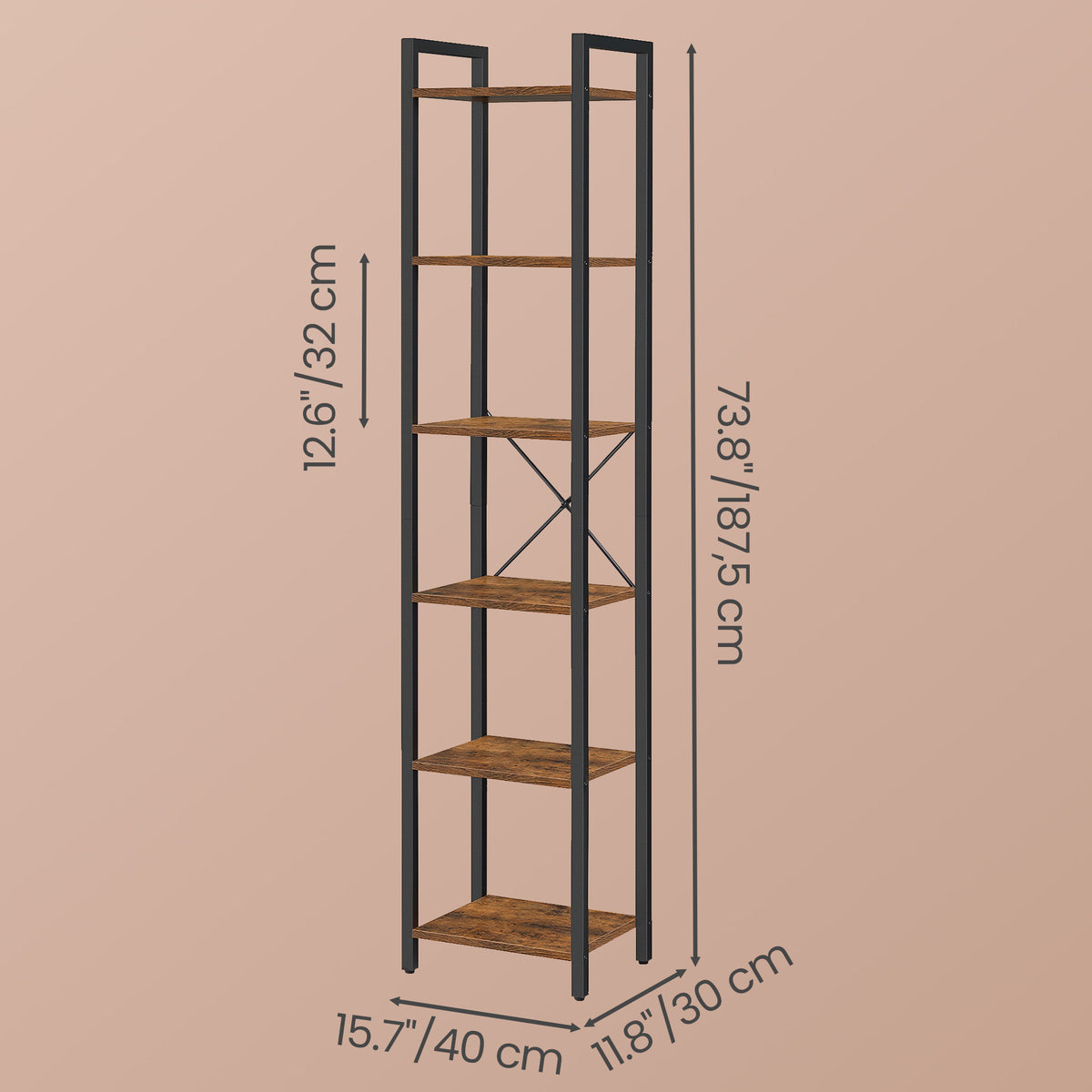 LEDREM Bookshelf with 6 Open Shelves, Tall Storage Rack, Standing Bookcase for Living Room, Bedroom, Office, Rustic Brown and Matte Black