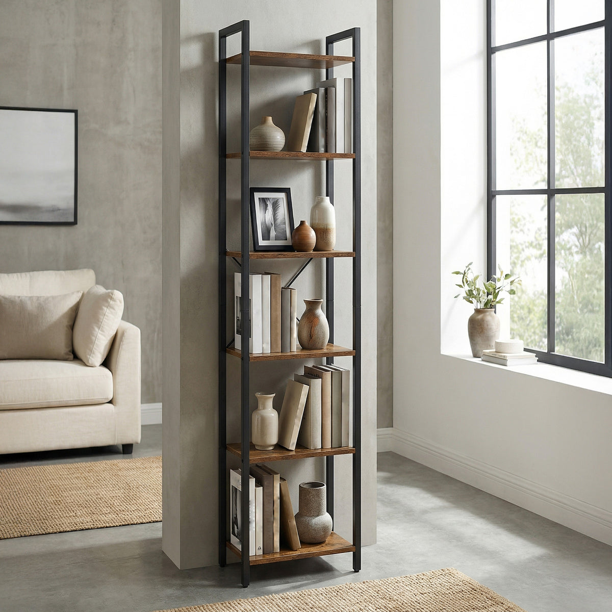 LEDREM Bookshelf with 6 Open Shelves, Tall Storage Rack, Standing Bookcase for Living Room, Bedroom, Office, Rustic Brown and Matte Black
