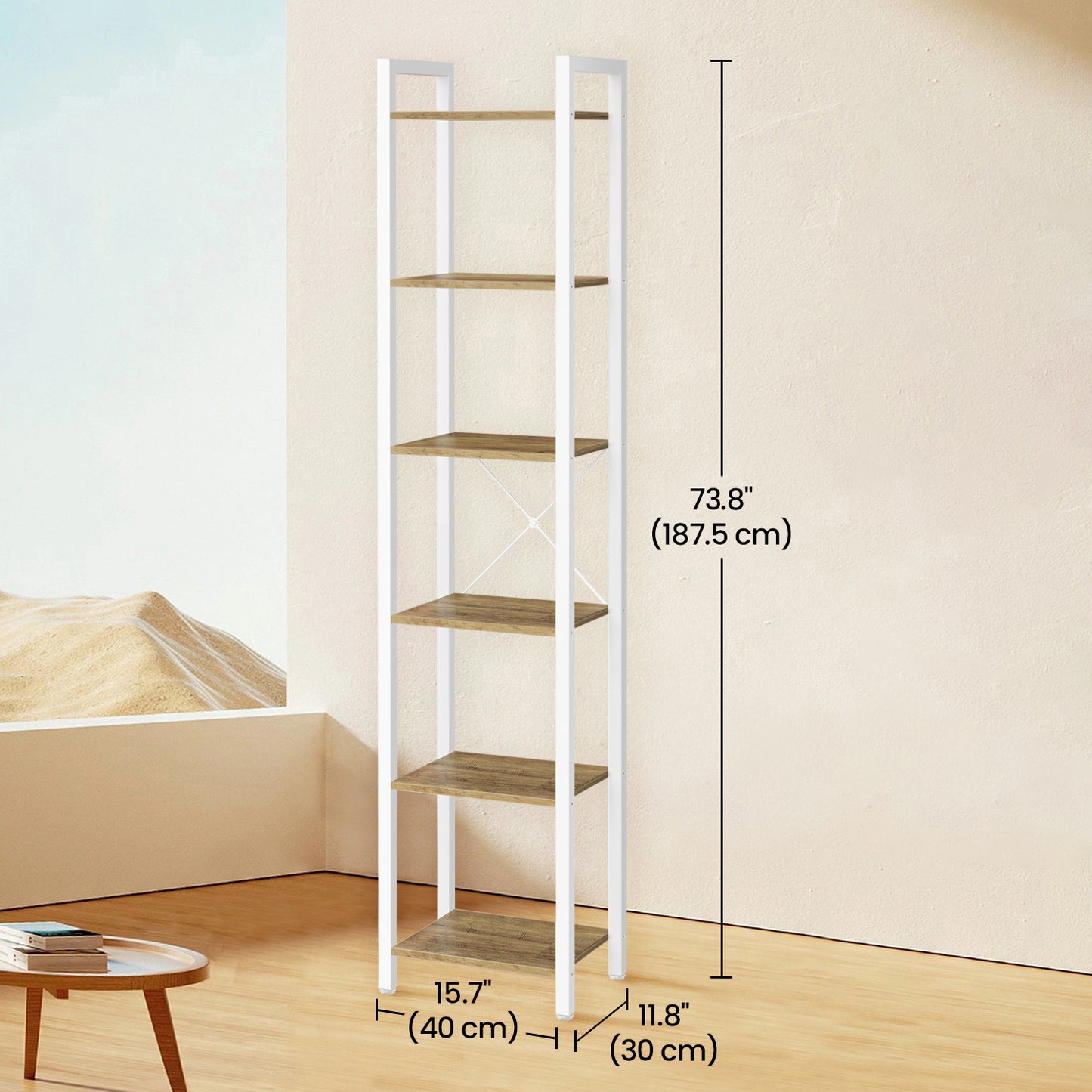 Narrow 6-Tier Bookshelf with Steel Frame, Industrial Style Bookcase for Living Room and Office, 15.7 x 73.2 Inches, Honey Brown and Cloud White