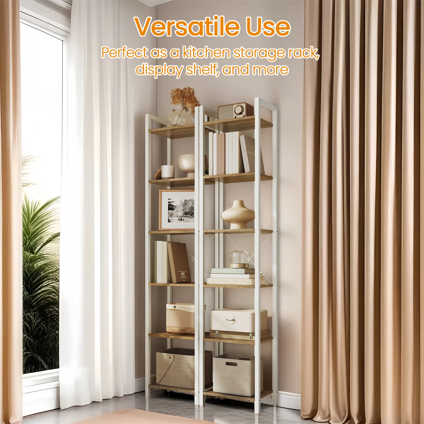 Narrow 6-Tier Bookshelf with Steel Frame, Industrial Style Bookcase for Living Room and Office, 15.7 x 73.2 Inches, Honey Brown and Cloud White