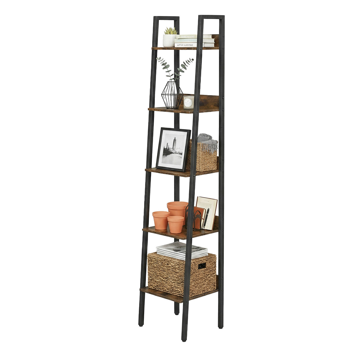 LEDREM Ladder Shelf, 5-Tier Narrow Shelf, Bookshelf for Home Office, Living Room, Bedroom, Kitchen, Tan and Black