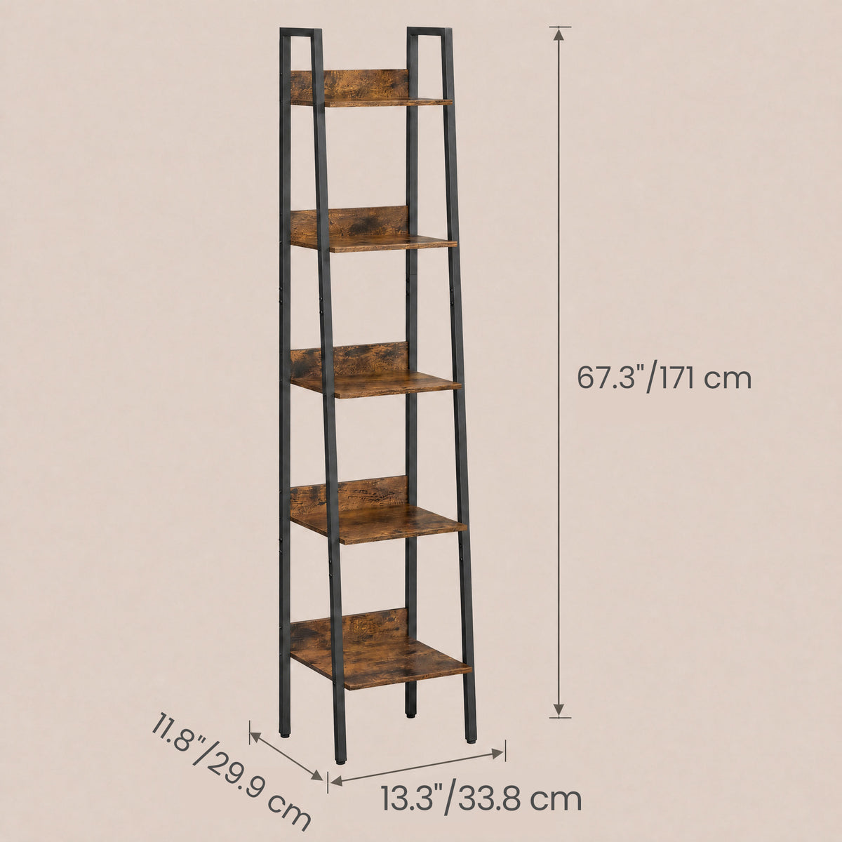 LEDREM Ladder Shelf, 5-Tier Narrow Shelf, Bookshelf for Home Office, Living Room, Bedroom, Kitchen, Tan and Black