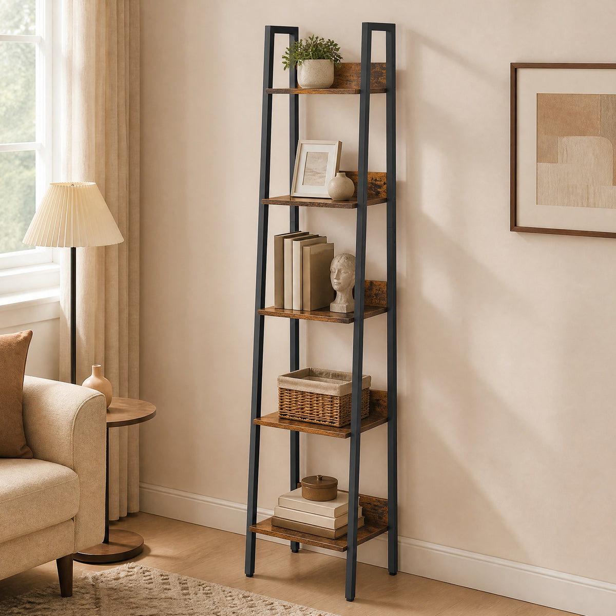 LEDREM Ladder Shelf, 5-Tier Narrow Shelf, Bookshelf for Home Office, Living Room, Bedroom, Kitchen, Tan and Black