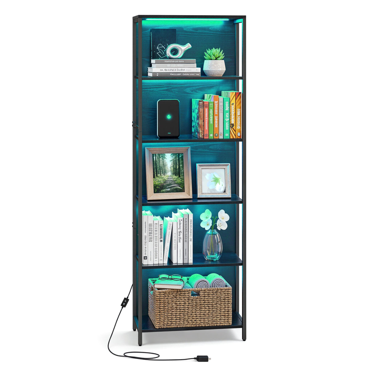 LEDREM 6-Tier LED Bookshelf, Tall Storage Shelving Unit with Lights, 23.6 x 11.9 x 70.1 Inches, Black