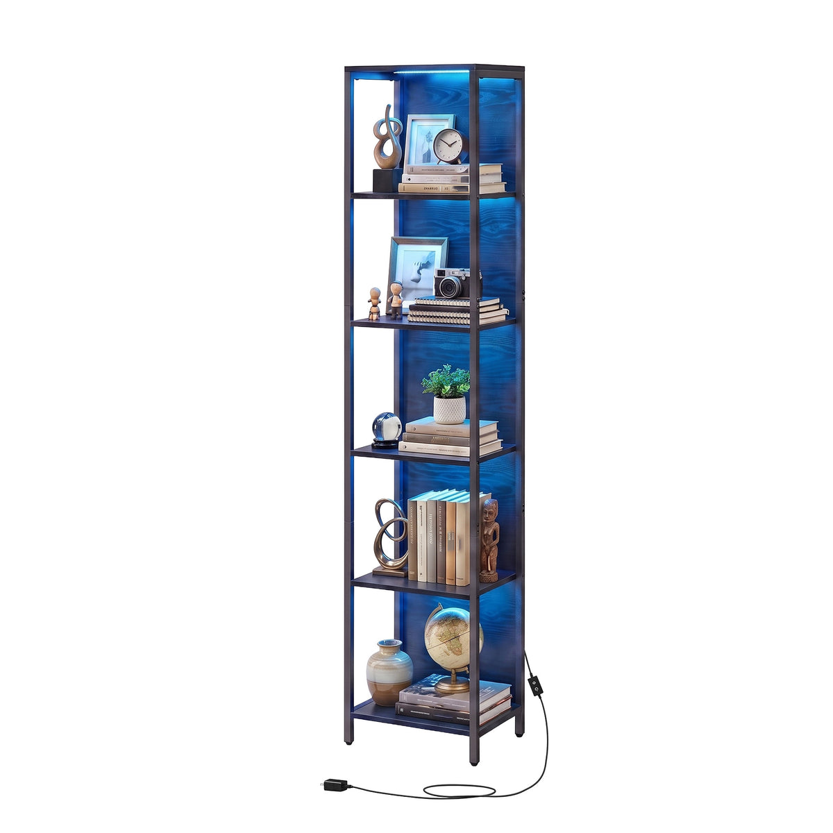LEDREM 6-Tier LED Bookshelf, Tall Storage Shelving Unit with Lights, 15.7 x 11.9 x 70.1 Inches, Black