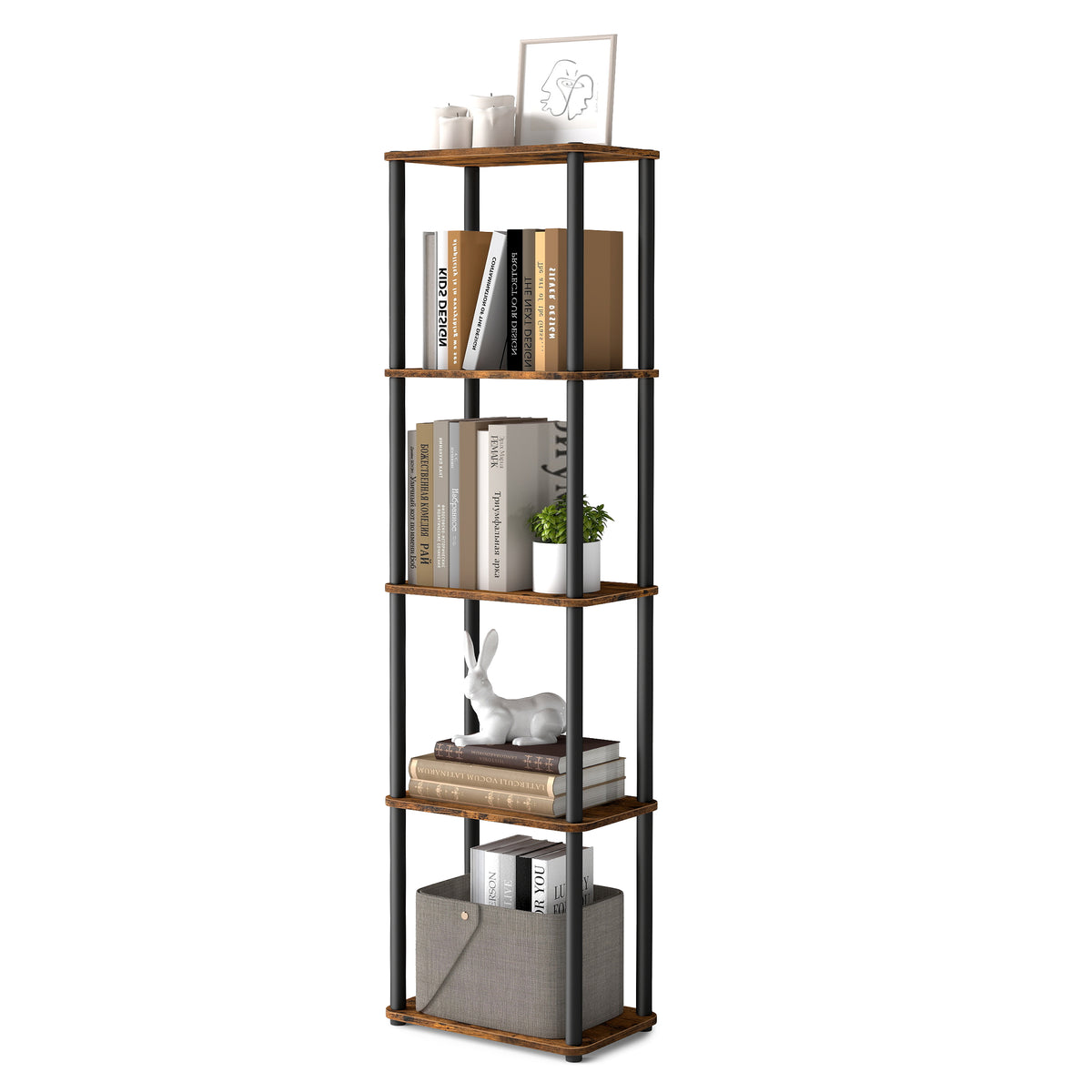 5-Tier Shelf with Toolless Assembly, Standing Bookshelf for Living Room Bedroom Kitchen, Slim Profile, Rustic Brown and Ink Black