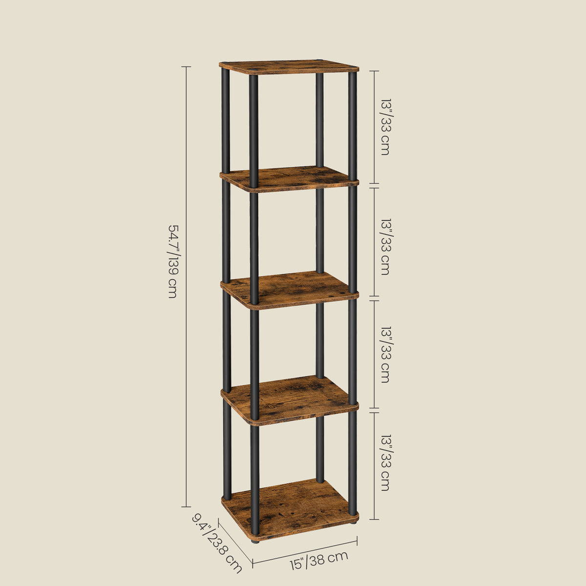 5-Tier Shelf with Toolless Assembly, Standing Bookshelf for Living Room Bedroom Kitchen, Slim Profile, Rustic Brown and Ink Black
