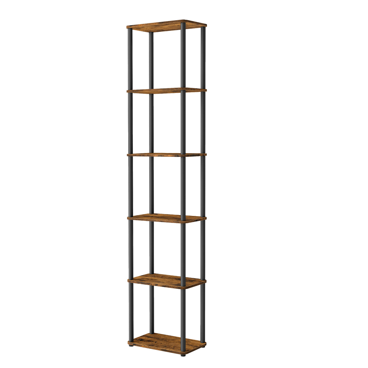 6-Tier Shelf with Toolless Assembly, Standing Bookshelf for Living Room Bedroom Kitchen, Slim Profile, Rustic Brown and Ink Black