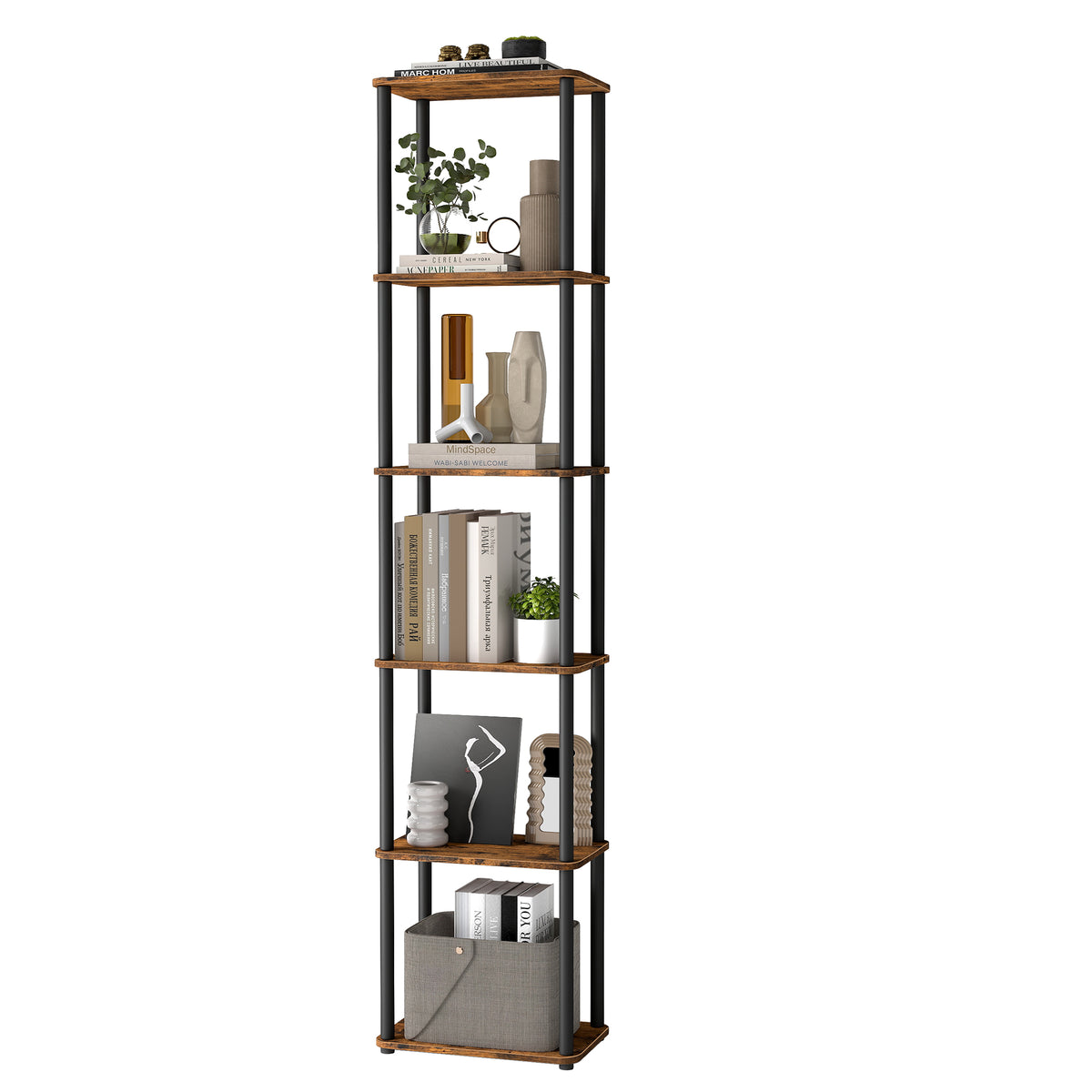 6-Tier Shelf with Toolless Assembly, Standing Bookshelf for Living Room Bedroom Kitchen, Slim Profile, Rustic Brown and Ink Black