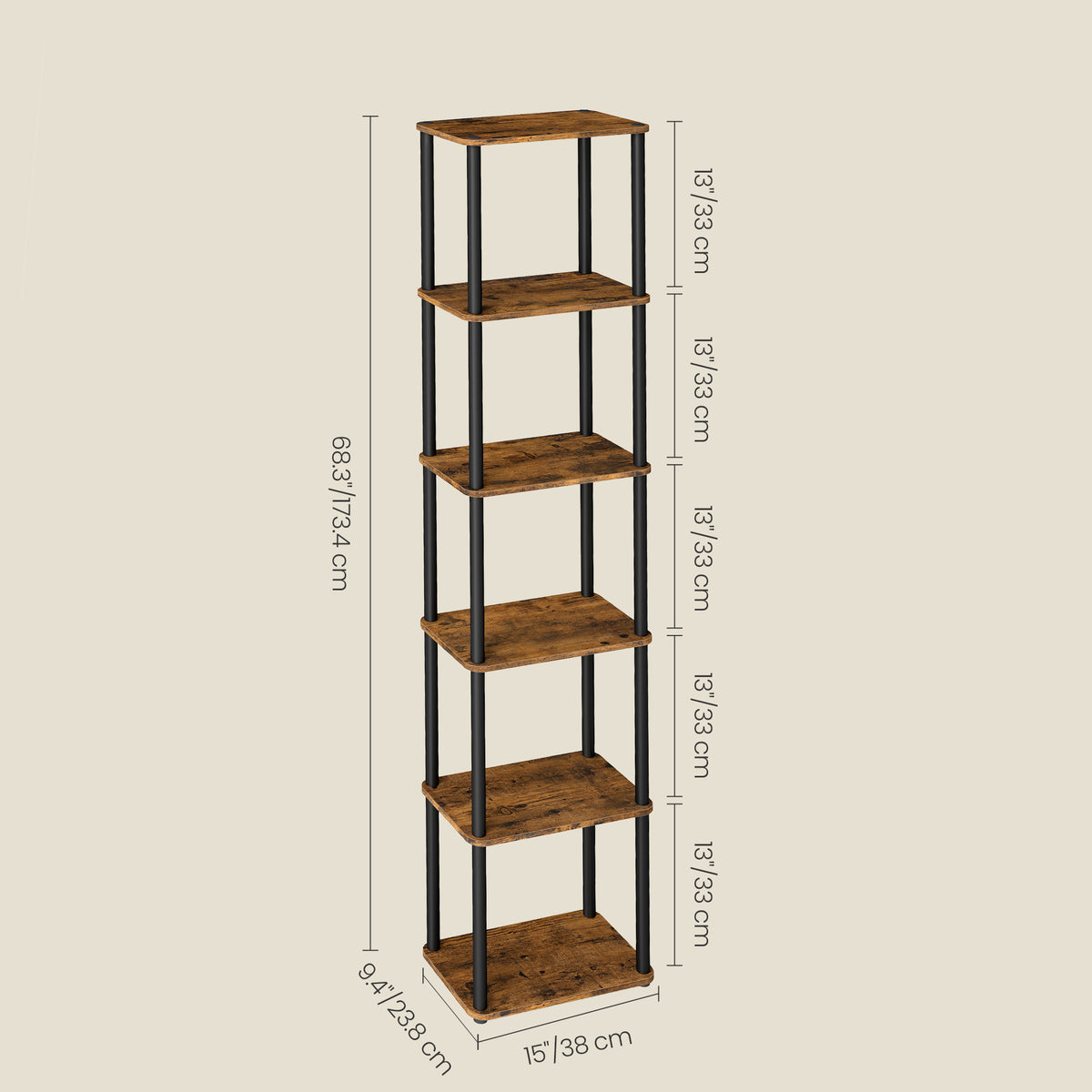 6-Tier Shelf with Toolless Assembly, Standing Bookshelf for Living Room Bedroom Kitchen, Slim Profile, Rustic Brown and Ink Black
