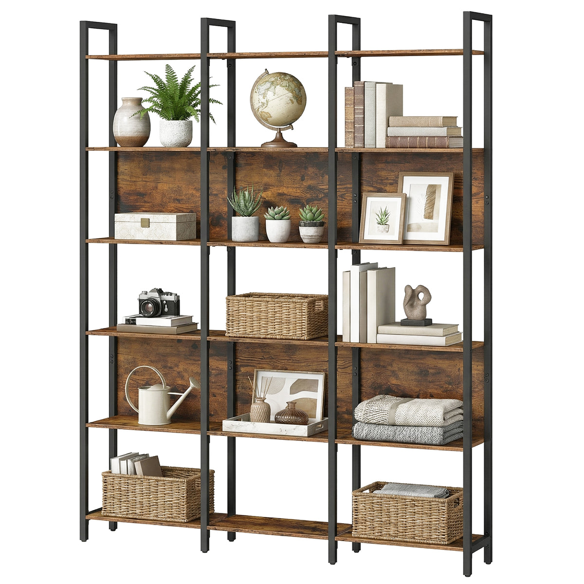 6-Tier Bookshelf, Industrial Bookcase with Steel Frame, Large Storage Shelf for Living Room Home Office Bedroom, Rustic Brown and Ink Black