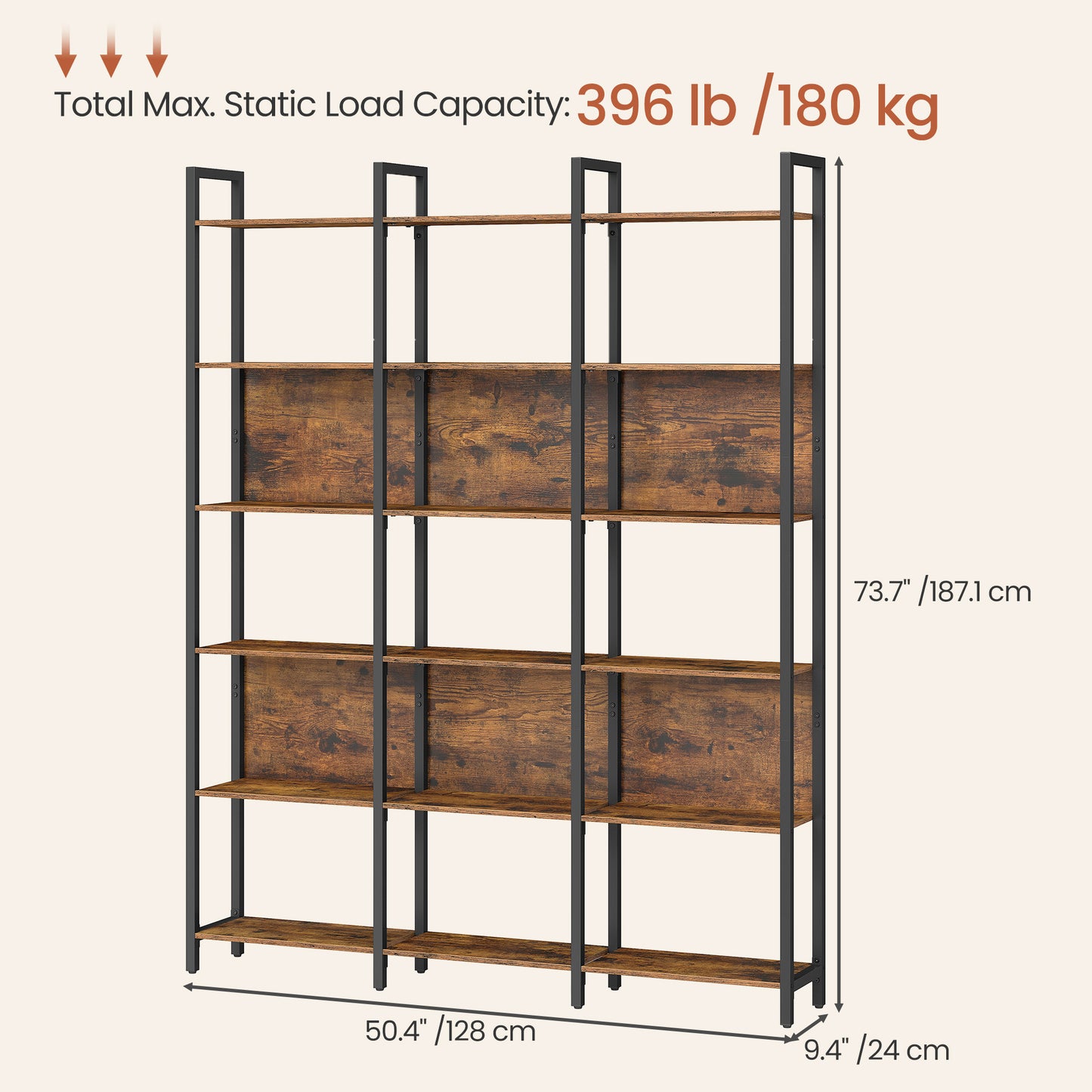 6-Tier Bookshelf, Industrial Bookcase with Steel Frame, Large Storage Shelf for Living Room Home Office Bedroom, Rustic Brown and Ink Black