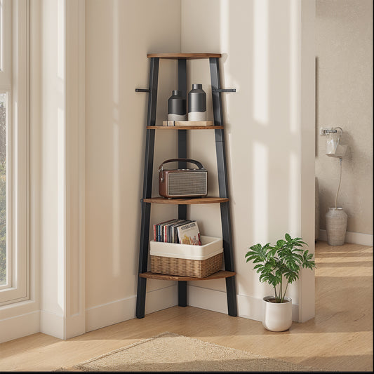 Corner Shelf Stand - 4-Tier Industrial Bookshelf, Space-Saving Plant Stand, Quick Assembly, Rustic Brown and Black