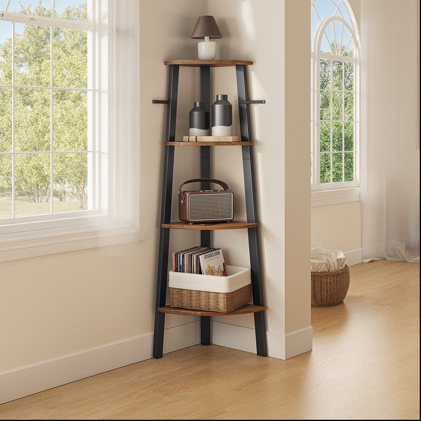 Corner Shelf Stand - 4-Tier Industrial Bookshelf, Space-Saving Plant Stand, Quick Assembly, Rustic Brown and Black