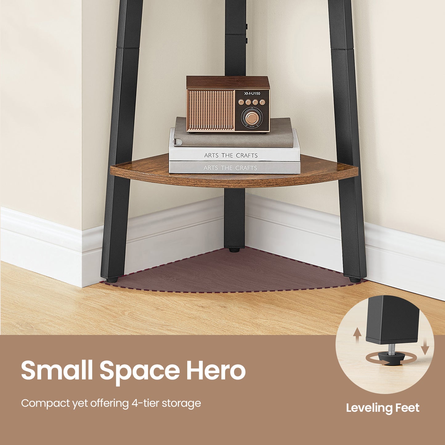 Corner Shelf Stand - 4-Tier Industrial Bookshelf, Space-Saving Plant Stand, Quick Assembly, Rustic Brown and Black