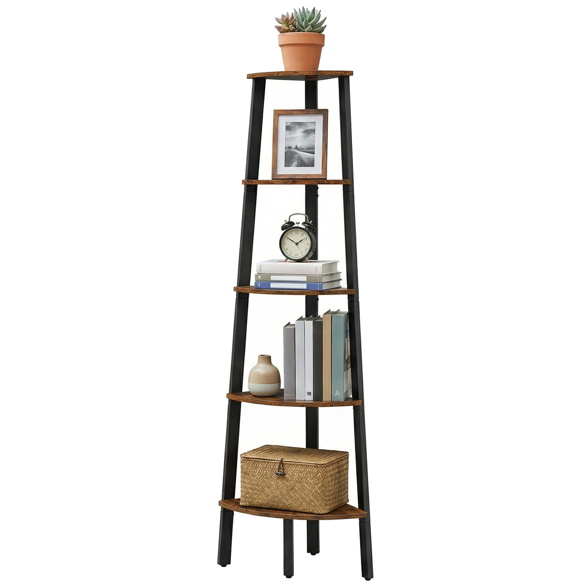 LEDREM 5-Tier Corner Bookshelf, Plant Stand Display Shelf, 14.7 x 14.7 x 62.6 Inches, Yellowish Brown and Black