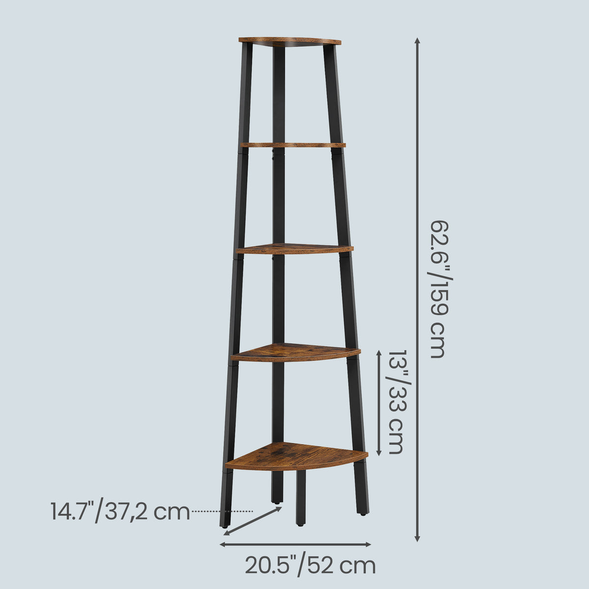 LEDREM 5-Tier Corner Bookshelf, Plant Stand Display Shelf, 14.7 x 14.7 x 62.6 Inches, Yellowish Brown and Black