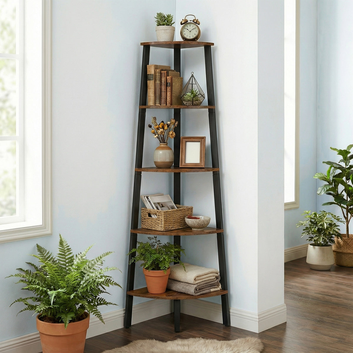 LEDREM 5-Tier Corner Bookshelf, Plant Stand Display Shelf, 14.7 x 14.7 x 62.6 Inches, Yellowish Brown and Black