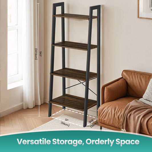 4-Tier Ladder Shelf - Heavy Duty Steel Frame, Multi-Functional Storage Rack for Home, Office, Easy Assembly, Hickory Brown and Black