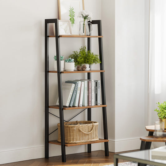 4-Tier Ladder Shelf - Heavy Duty Steel Frame, Multi-Purpose Storage Rack for Home, Office, Easy Assembly, Rustic Brown and Black