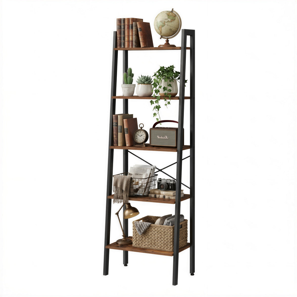LEDREM Ladder Shelf, 5-Tier Bookshelf, Storage Rack, Bookcase, for Living Room, Kitchen, Bedroom, Rustic Brown and Matte Black