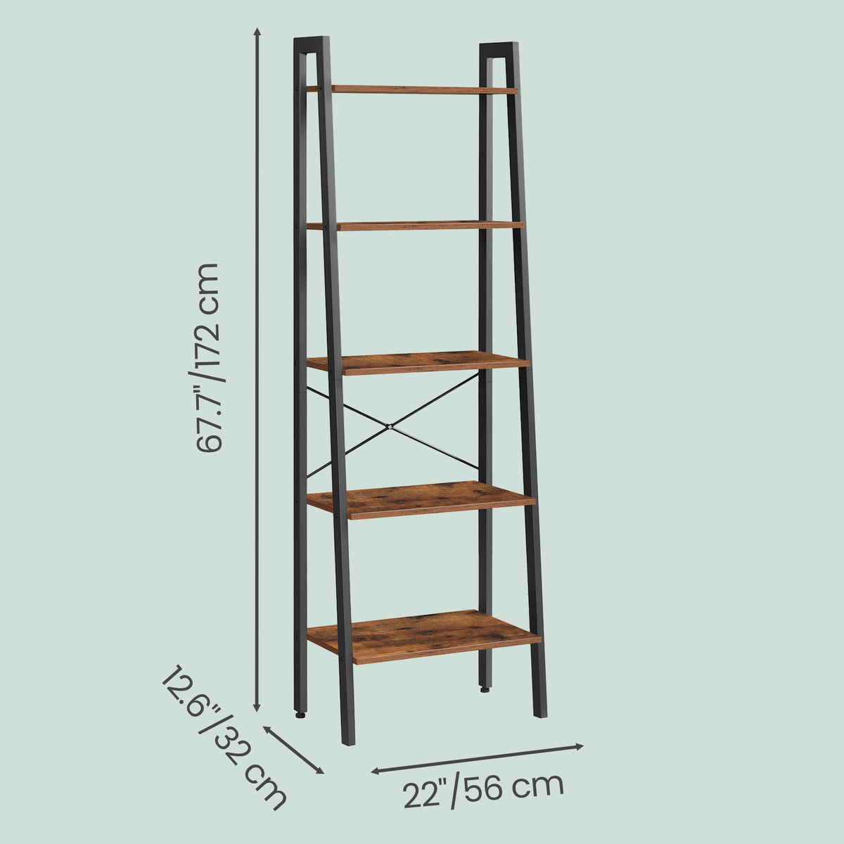 LEDREM Ladder Shelf, 5-Tier Bookshelf, Storage Rack, Bookcase, for Living Room, Kitchen, Bedroom, Rustic Brown and Matte Black