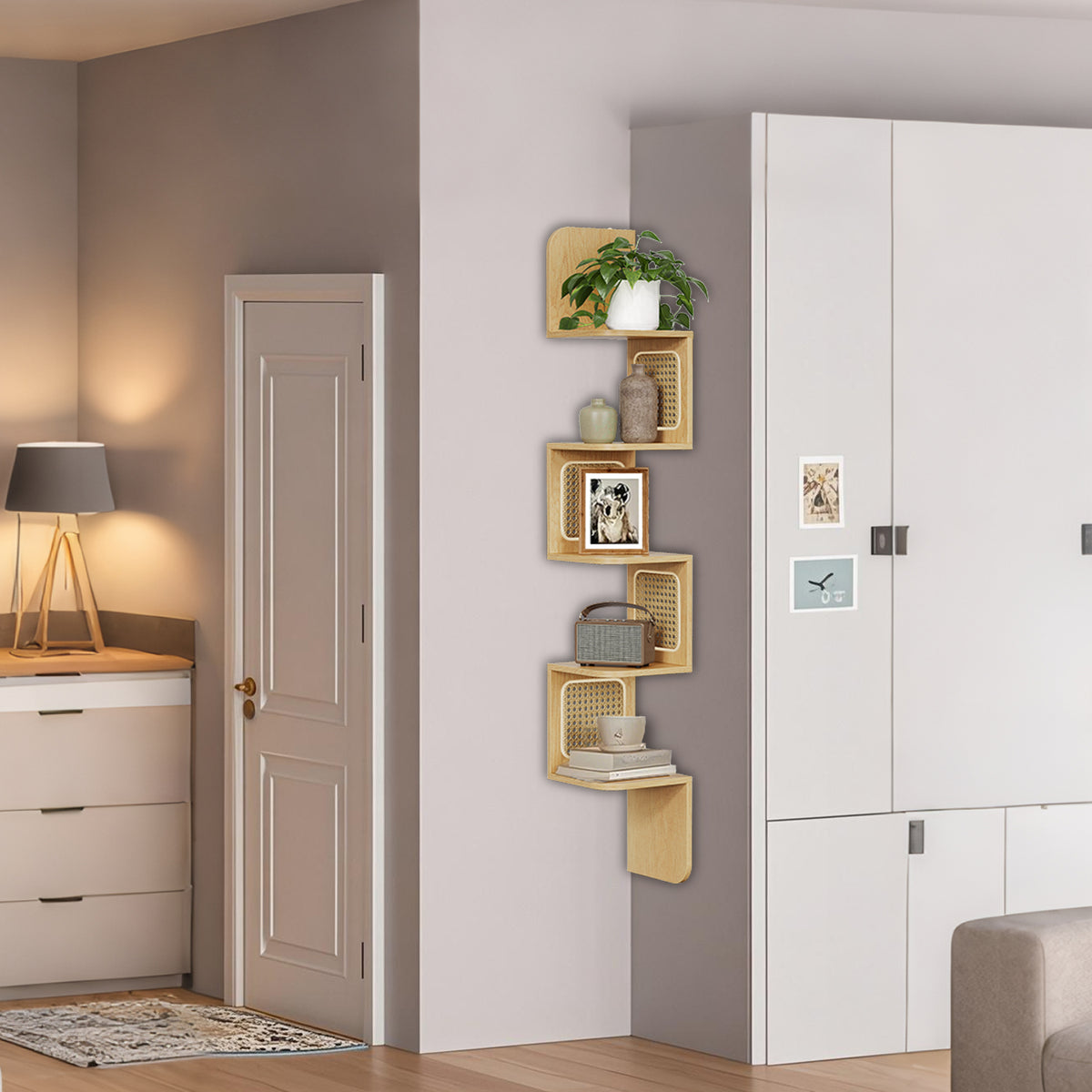 LEDREM 5-Tier Floating Shelf, Wall-Mounted Corner Shelf, Space-Saving, for Kitchen, Bedroom, Living Room, Boho Style, Oak Beige