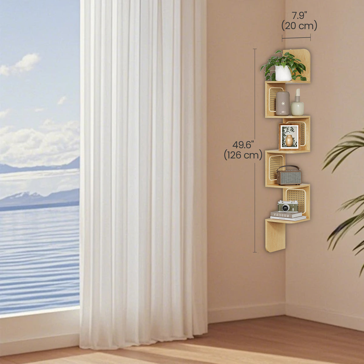 LEDREM 5-Tier Floating Shelf, Wall-Mounted Corner Shelf, Space-Saving, for Kitchen, Bedroom, Living Room, Boho Style, Oak Beige