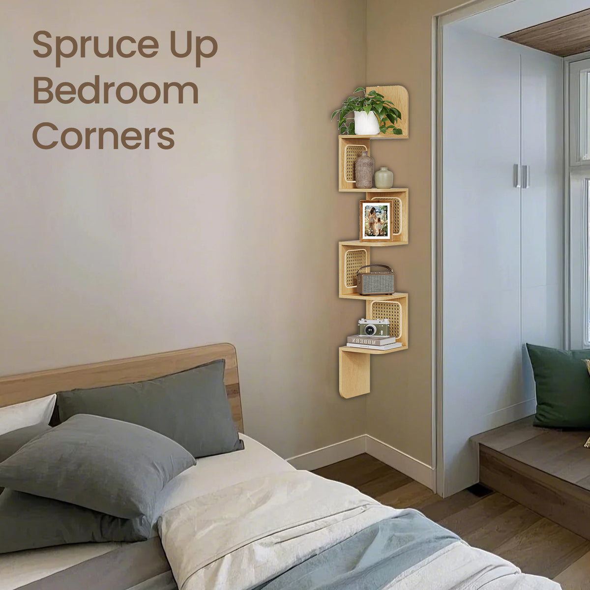 LEDREM 5-Tier Floating Shelf, Wall-Mounted Corner Shelf, Space-Saving, for Kitchen, Bedroom, Living Room, Boho Style, Oak Beige