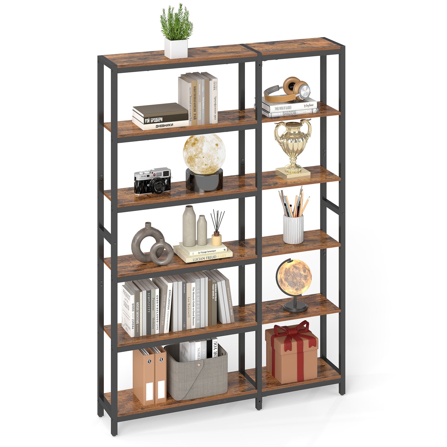 6-Tier Industrial Bookshelf with Metal Frame, Convertible Straight or Corner Shelving Unit, Large Storage Rack for Living Room, Bedroom, Home Office, Rustic Brown and Ink Black