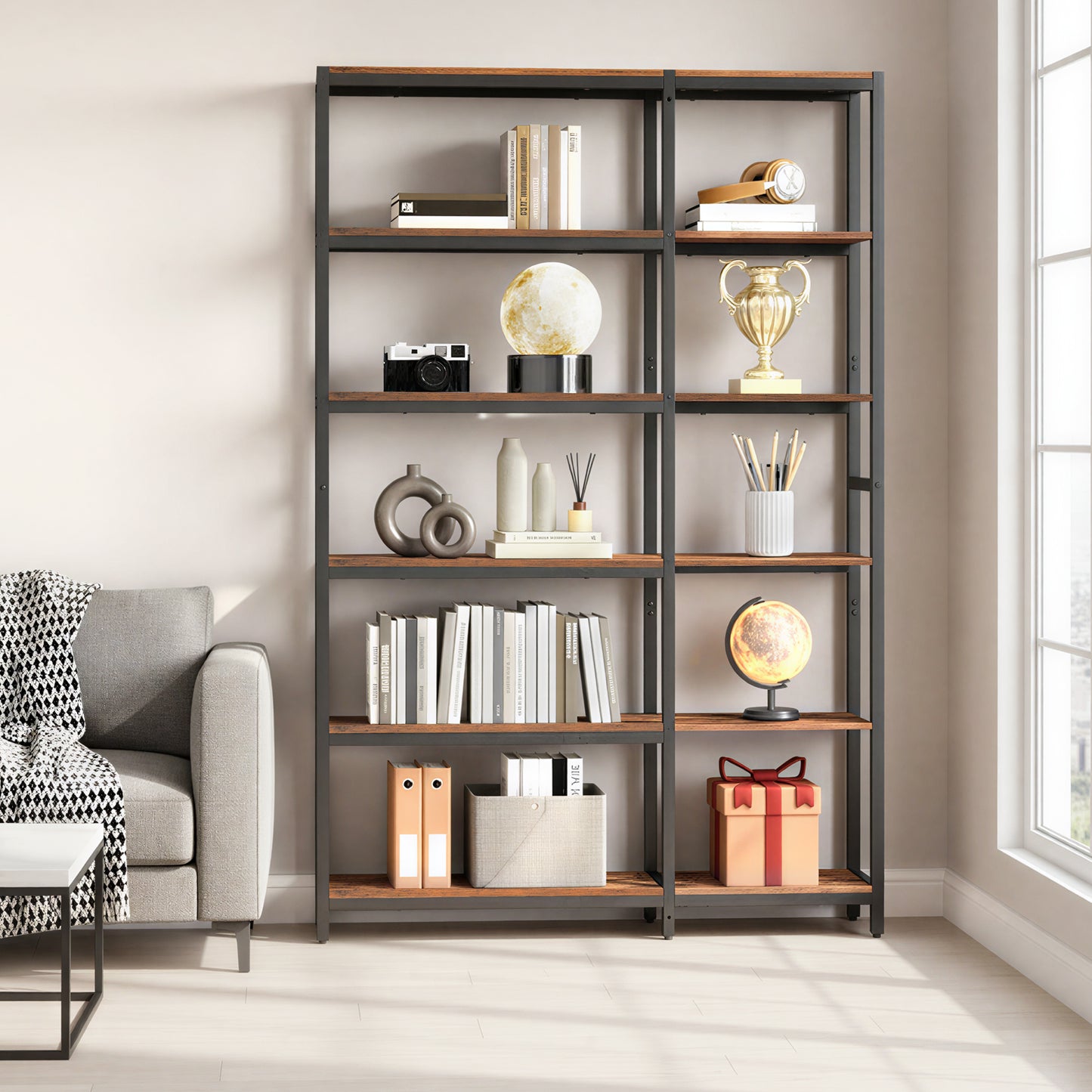 6-Tier Industrial Bookshelf with Metal Frame, Convertible Straight or Corner Shelving Unit, Large Storage Rack for Living Room, Bedroom, Home Office, Rustic Brown and Ink Black