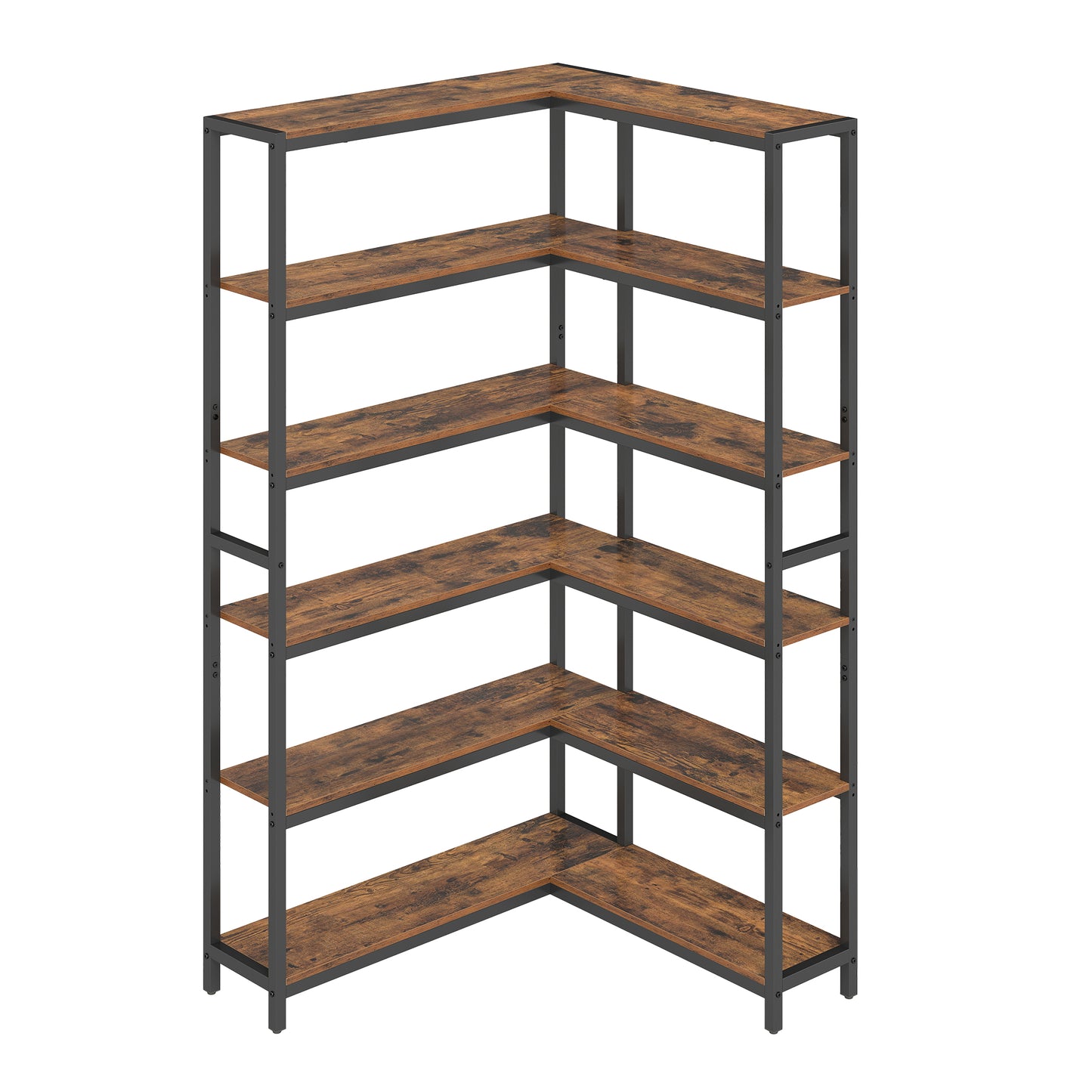 6-Tier Industrial Bookshelf with Metal Frame, Convertible Straight or Corner Storage Rack, Large Freestanding Shelving Unit for Living Room, Bedroom, Home Office, Rustic Brown and Ink Black
