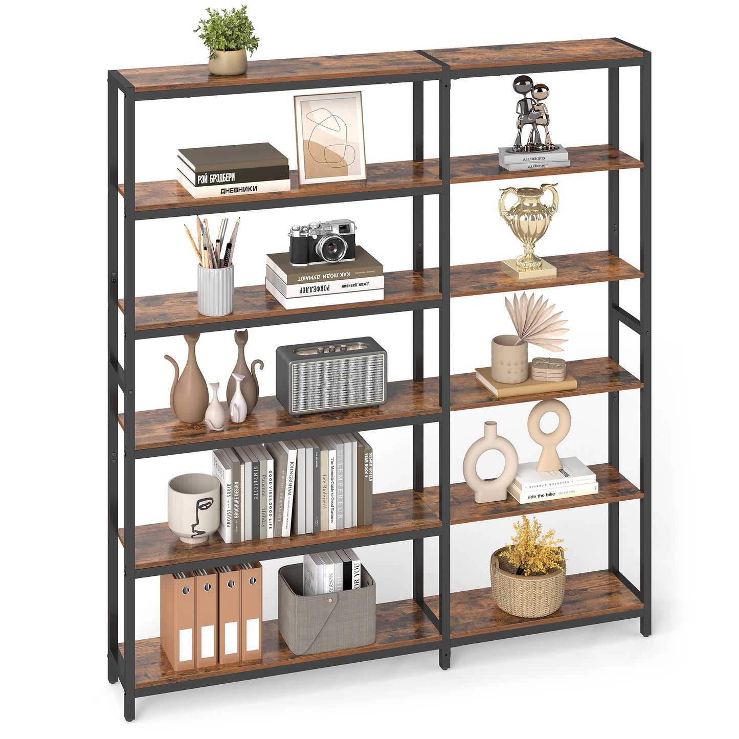 6-Tier Industrial Bookshelf with Metal Frame, Convertible Straight or Corner Storage Rack, Large Freestanding Shelving Unit for Living Room, Bedroom, Home Office, Rustic Brown and Ink Black