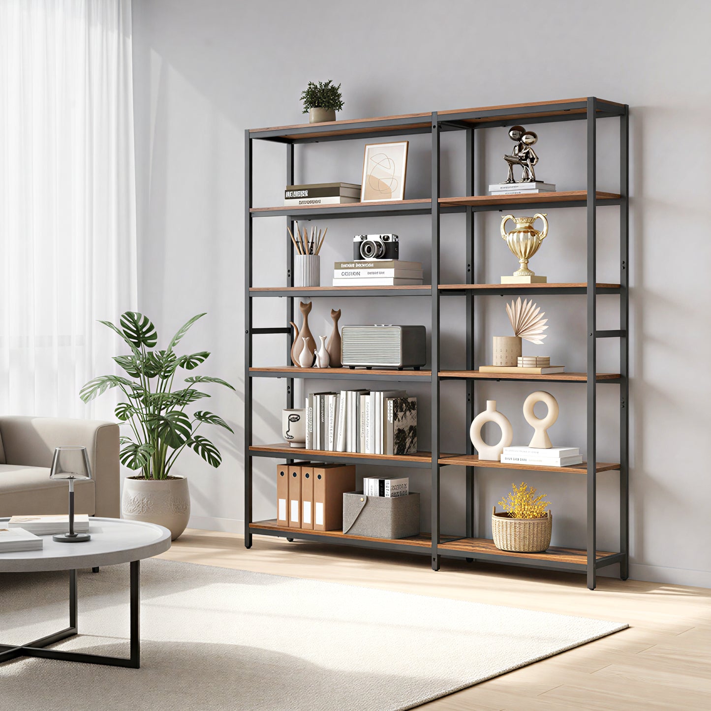 6-Tier Industrial Bookshelf with Metal Frame, Convertible Straight or Corner Storage Rack, Large Freestanding Shelving Unit for Living Room, Bedroom, Home Office, Rustic Brown and Ink Black