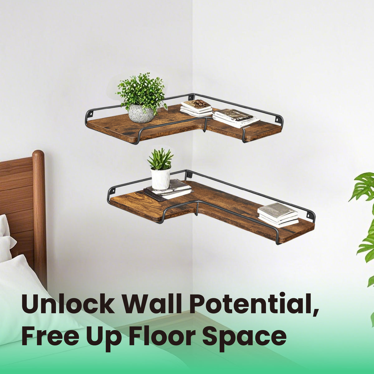 LEDREM Floating Shelves, Set of 2 Corner Shelves, L-Shaped Wall Shelf, Modern Basic Style, for Living Room, Bedroom, Kitchen, Rustic Brown and Matte Black