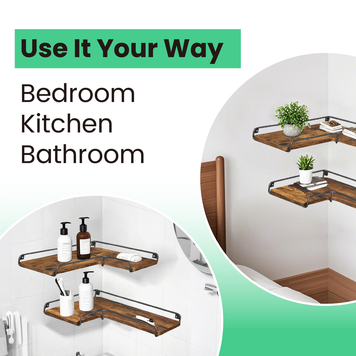 LEDREM Floating Shelves, Set of 2 Corner Shelves, L-Shaped Wall Shelf, Modern Basic Style, for Living Room, Bedroom, Kitchen, Rustic Brown and Matte Black