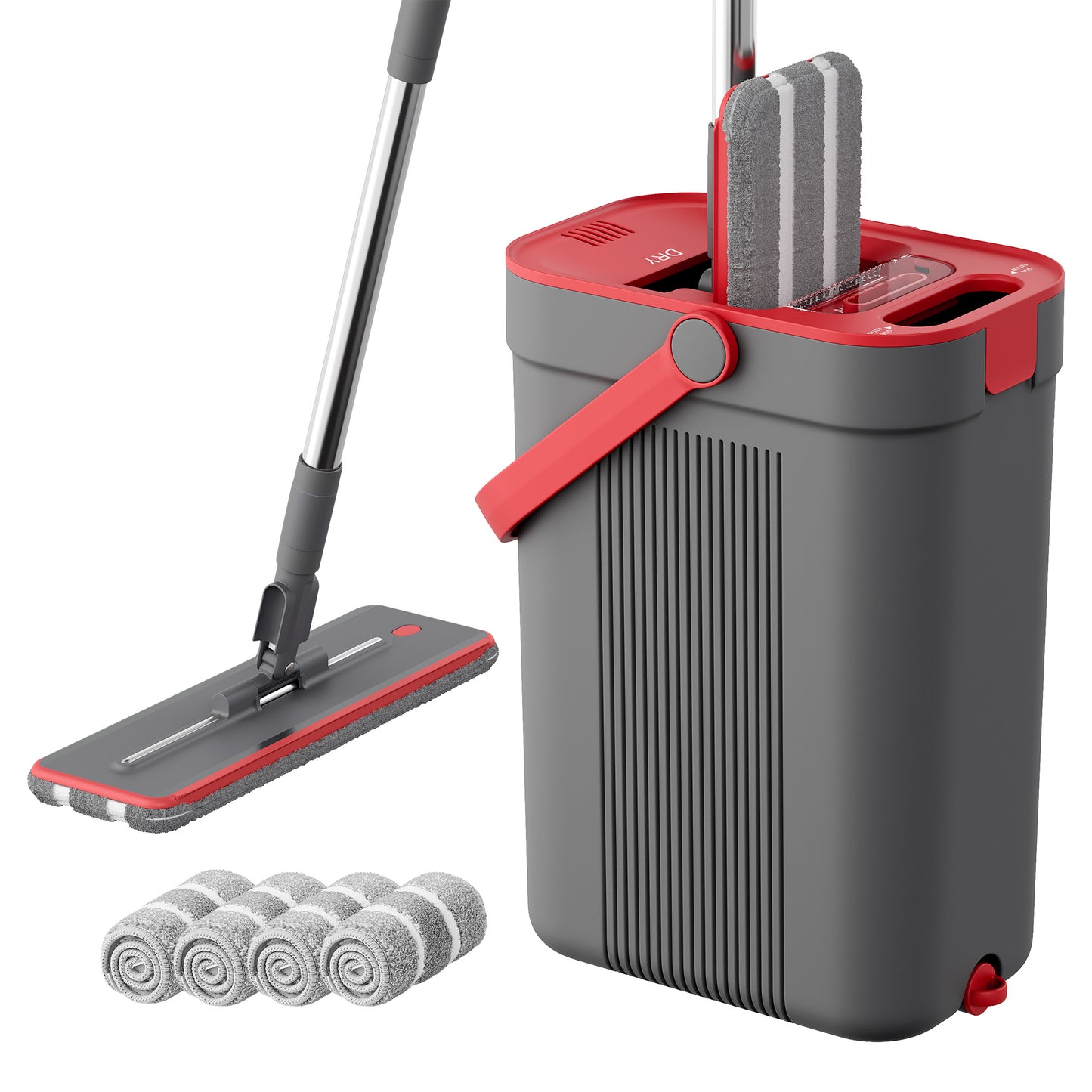 Flat Mop and Bucket Set with Water Separation, 4 Microfiber Pads, 10.2 x 6.7 x 14.2 Inches, Gray and Red