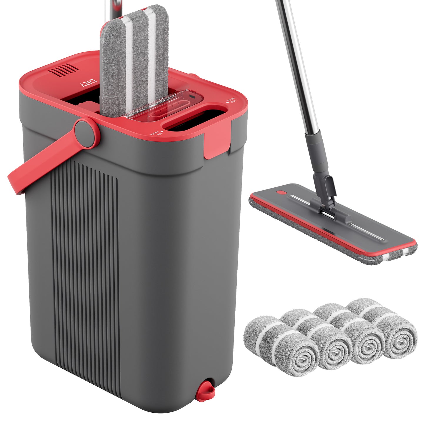 Flat Mop and Bucket Set with Water Separation, 4 Microfiber Pads, 10.2 x 6.7 x 14.2 Inches, Gray and Red