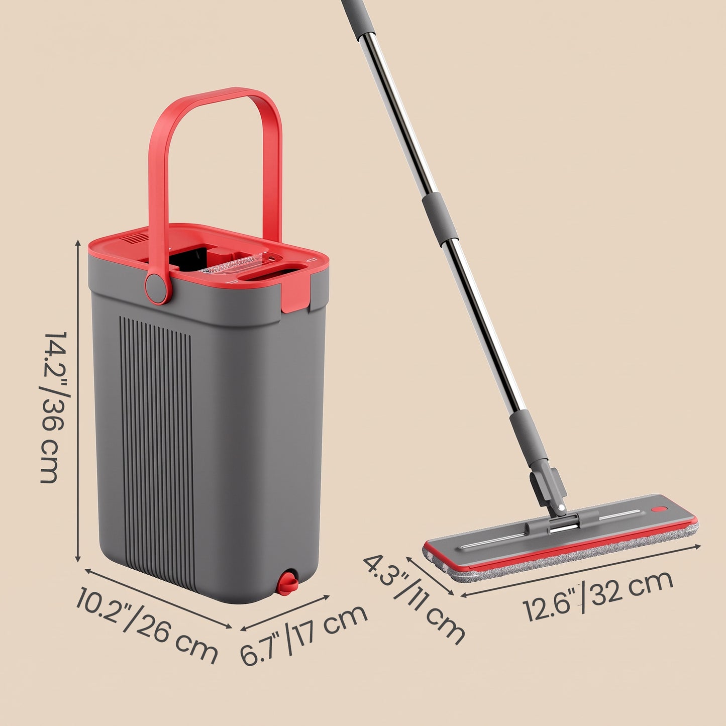 Flat Mop and Bucket Set with Water Separation, 4 Microfiber Pads, 10.2 x 6.7 x 14.2 Inches, Gray and Red