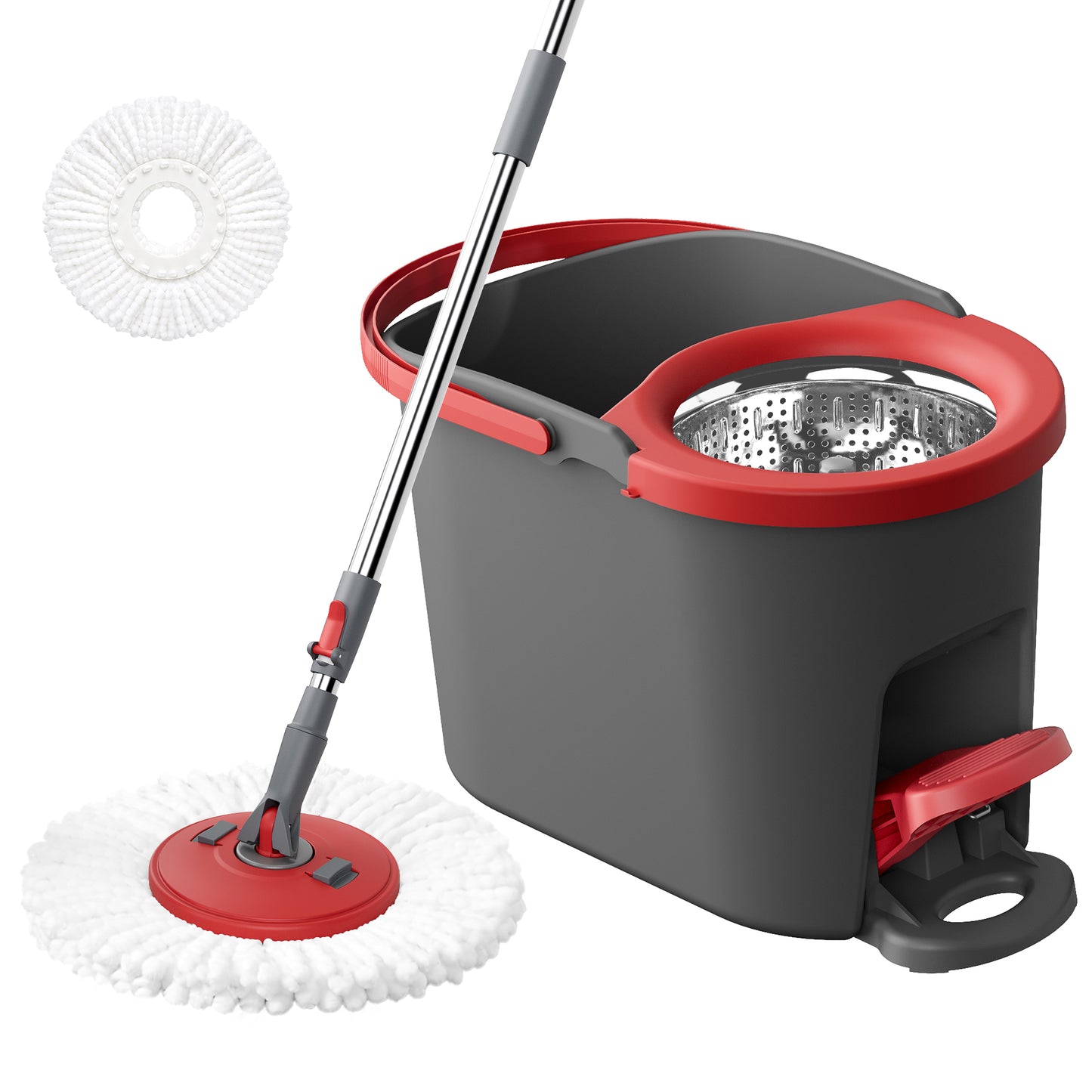 Spin Floor Mop Set with Pedal Wringer, Telescopic Handle, Microfiber Pad, for Home Cleaning, Red and Gray